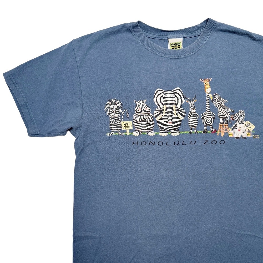 VTG Honolulu Zoo Graphic Shirt Mens Medium Blue Cotton Zebra Elephant Animal Tee